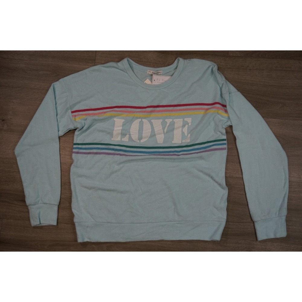 New PJ Salvage Love Rainbow Pajama Top Womens Size XL Blue Crew Long Sleeve Knit
